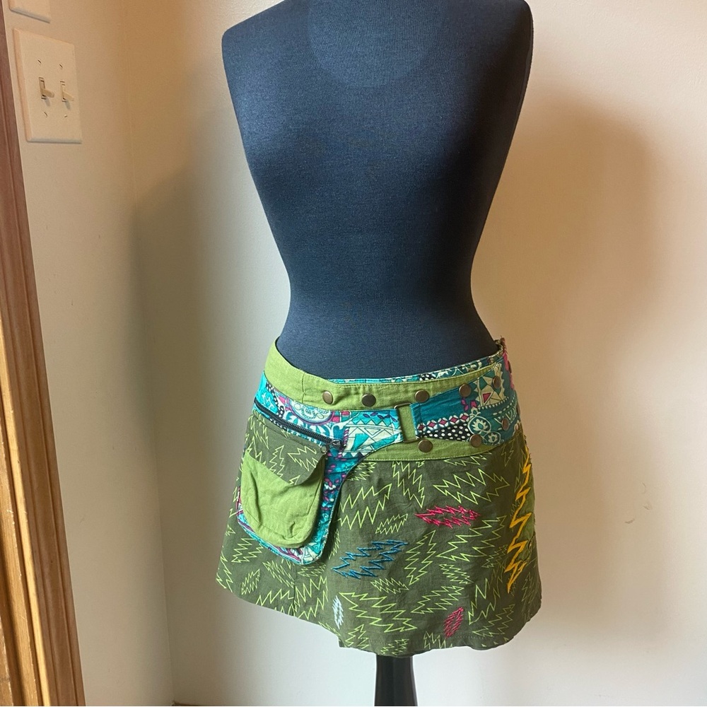 Jayli Olive Green Mini Skirt with Multicolor Trim